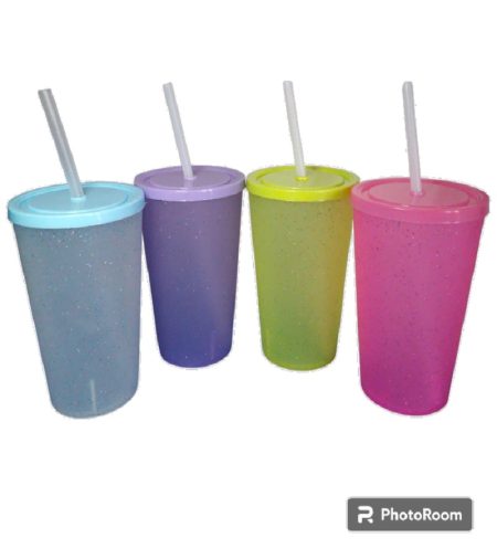 VASO PLASTICO GLITTER CON TAPA Y SORBETE